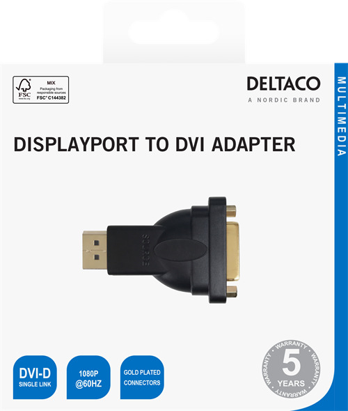 DELTACO DVI-I Single Link - DisplayPort adapter, 1080p 60Hz, black