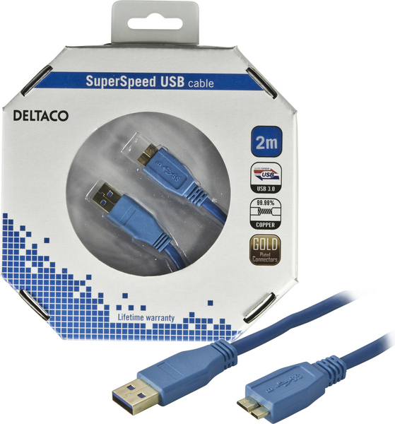 DELTACO USB 3.0 kaapeli Tyyppi A uros - Tyyppi MicroB uros, 2m,sininen