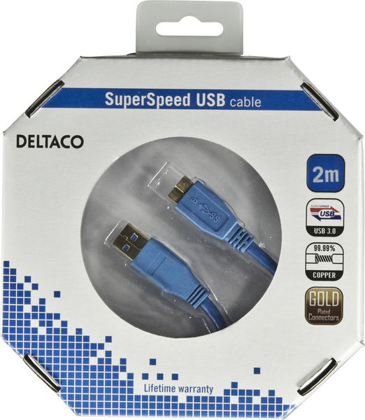 DELTACO USB 3.0 kaapeli Tyyppi A uros - Tyyppi MicroB uros, 2m,sininen