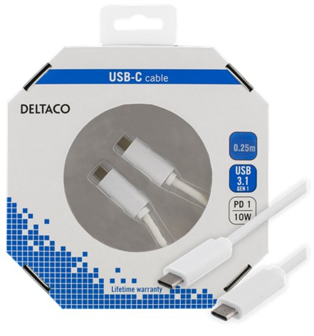 DELTACO USB 3.1 -kaapeli, Gen 1, Type C - Type C, 0,25m, valkoinen