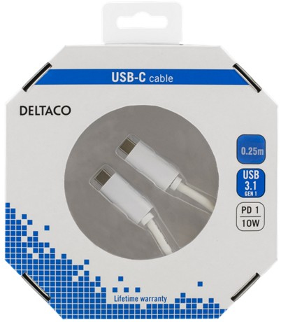 DELTACO USB 3.1 -kaapeli, Gen 1, Type C - Type C, 0,25m, valkoinen