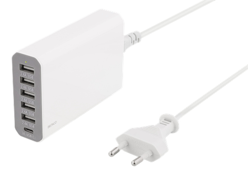 DELTACO USB-latausasema, 10A, 1xUSB-C naaras, 5xUSB-A naaras, valk.