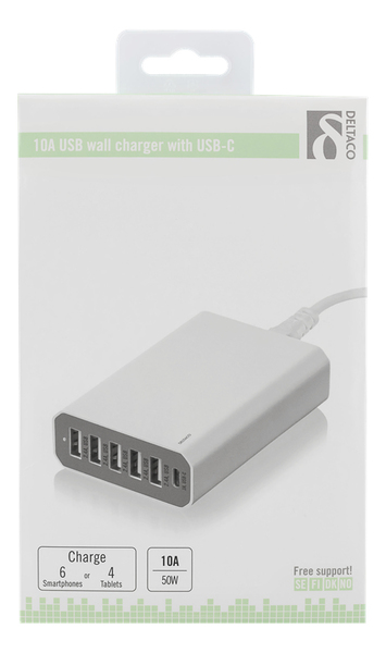 DELTACO USB-latausasema, 10A, 1xUSB-C naaras, 5xUSB-A naaras, valk.