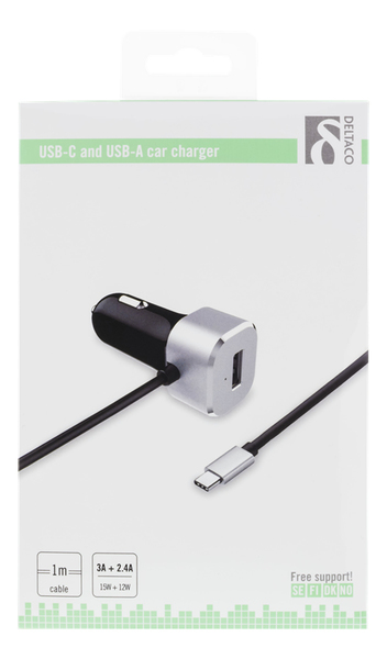 DELTACO USB-autolaturi, 5,4A, 1xUSB-C uros, 1xUSB-A naaras, musta/hop.