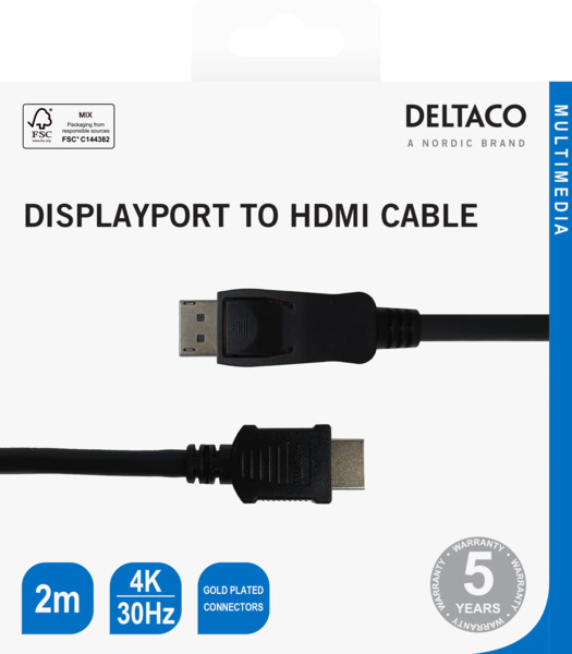 Deltaco DisplayPort &ndash; HDMI cable, 4K, 2 m, Black