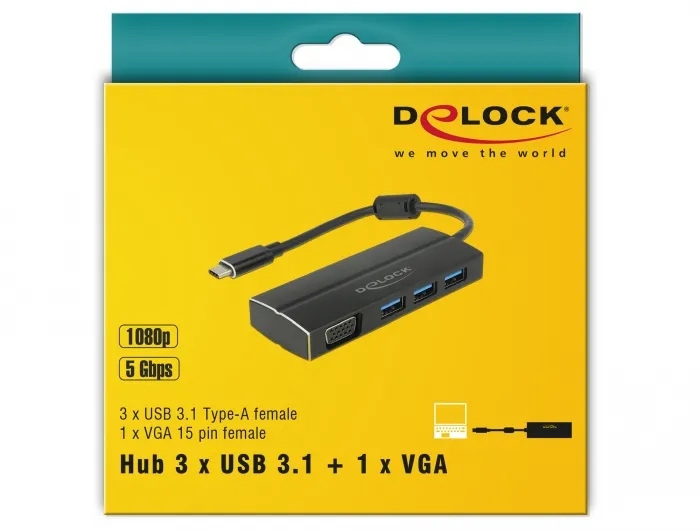 USB 3.1 Gen 1 Adapter USB Type-C to 3 x USB 3.0 Type-A Hub + 1 x VGA