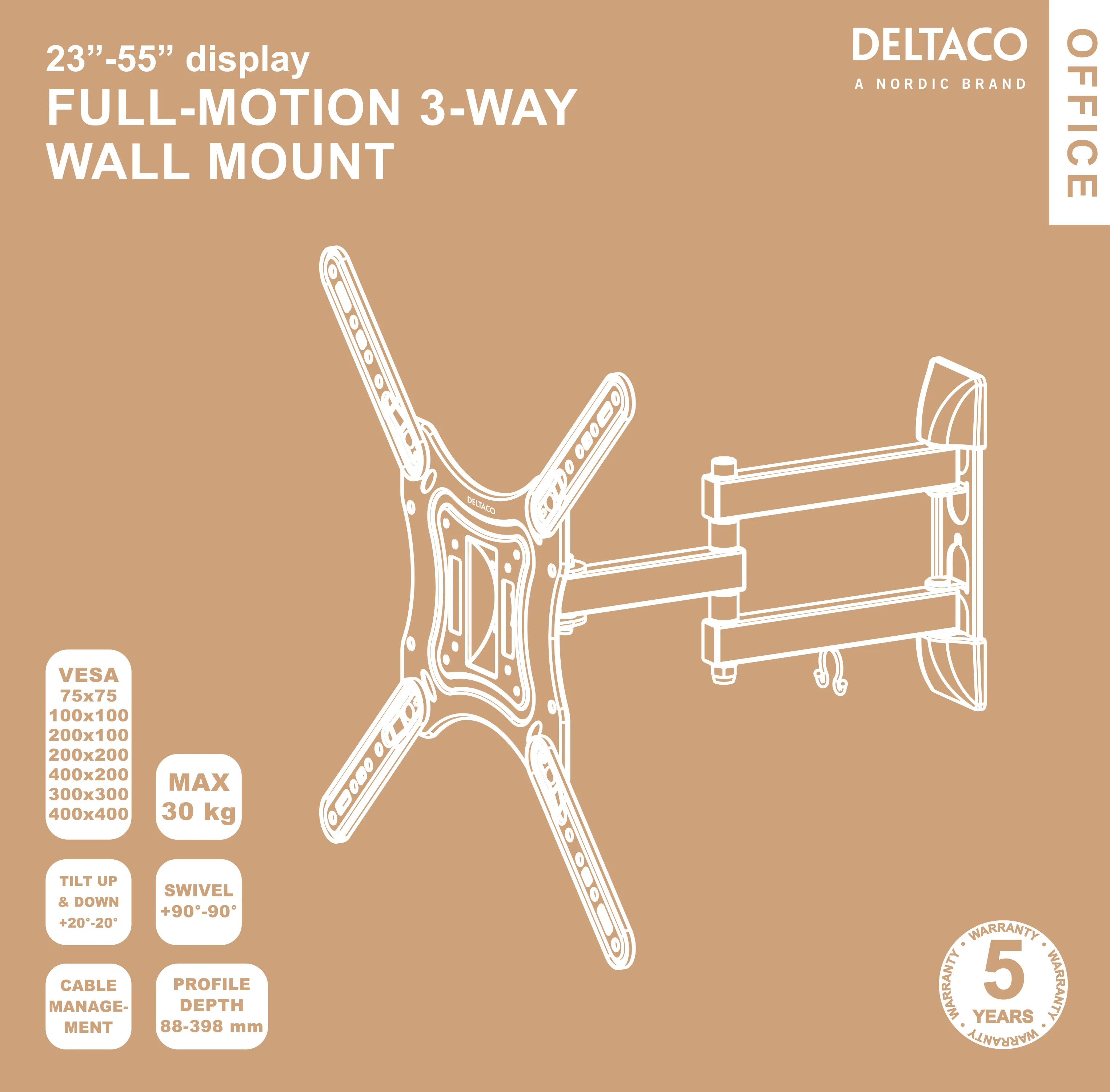 DELTACO Office, full-motion 3-way wall, 23&quot;-55&quot;, 30kg, 75x75-400-400