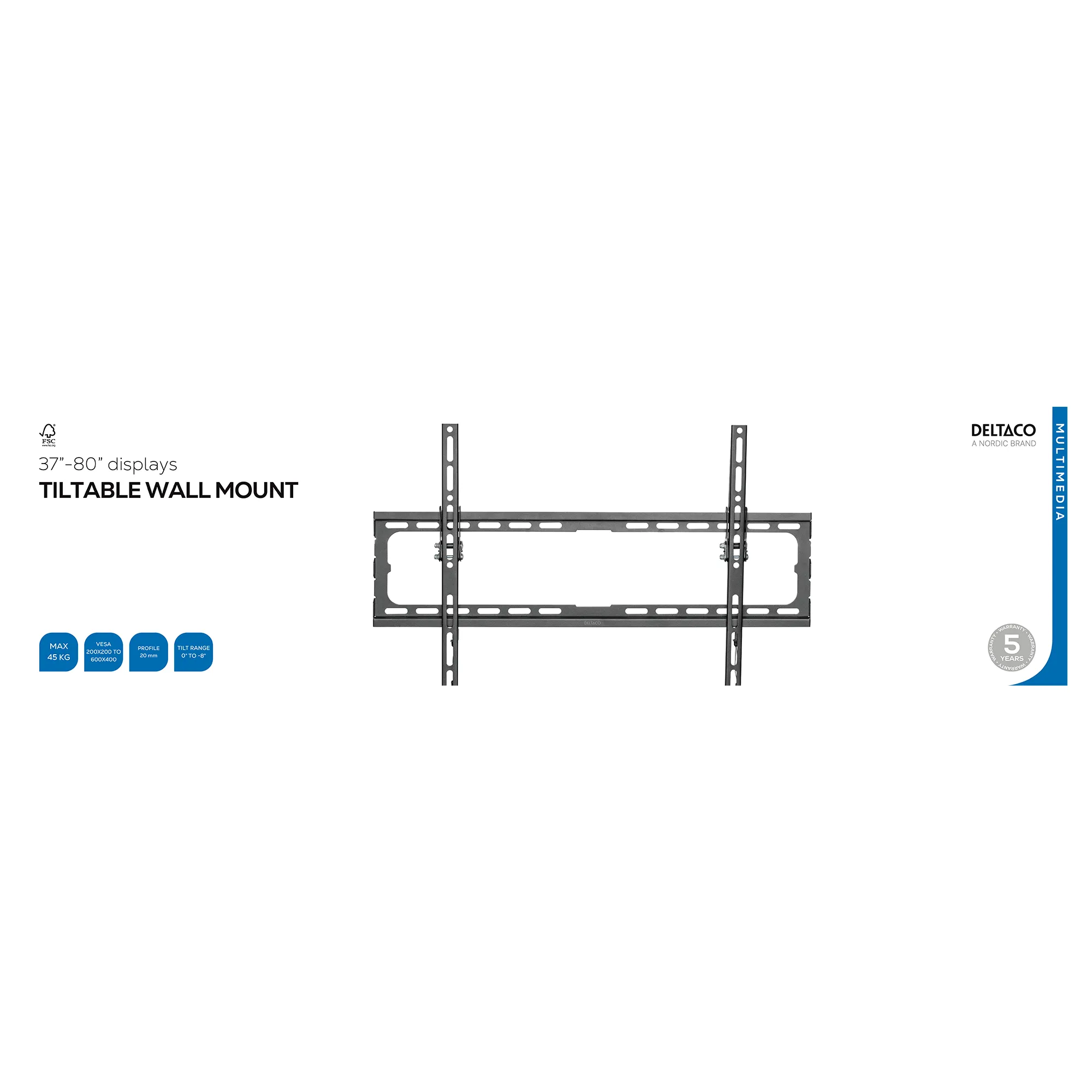 DELTACO ARM-524-B Kallistettava television sein&auml;teline (Musta) 37&ndash;80", enint&auml;&auml;n 45 kg, VESA 200x200&ndash;600x400