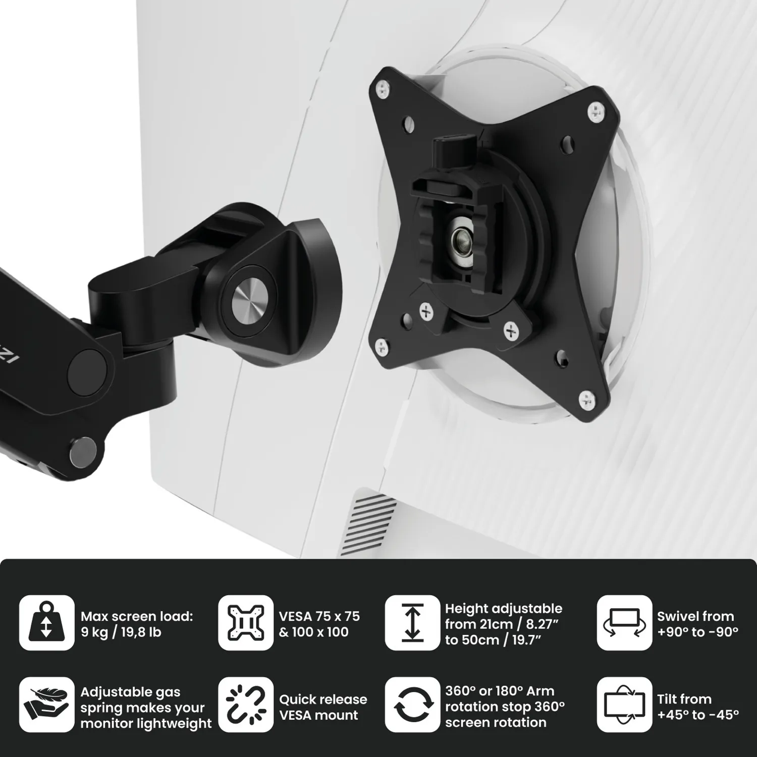 Arozzi Alzare Neo Duo Monitor Arm, for 2 monitors, 17-34", with gas spring, 9kg, VESA 75/100, Black