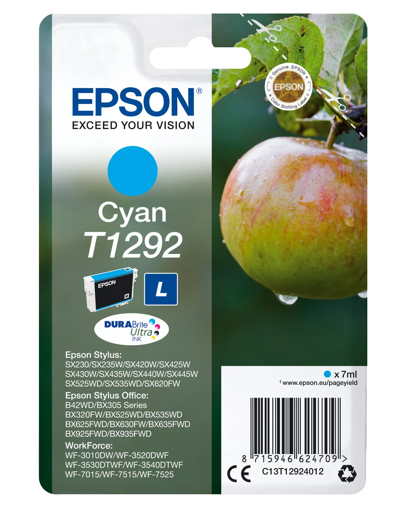 Epson T1292 - Koko L - sinivihre&auml; - alkuper&auml;inen - blister RF:ll&auml;/&auml;&auml;nih&auml;lyttimell&auml; - mustepatruuna malleihin Stylus SX230, SX235, SX430, SX438, WorkForce WF-352