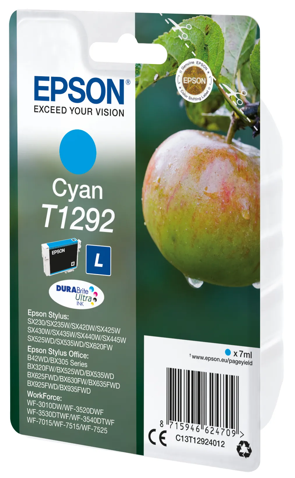 Epson T1292 - Koko L - sinivihre&auml; - alkuper&auml;inen - blister RF:ll&auml;/&auml;&auml;nih&auml;lyttimell&auml; - mustepatruuna malleihin Stylus SX230, SX235, SX430, SX438, WorkForce WF-352