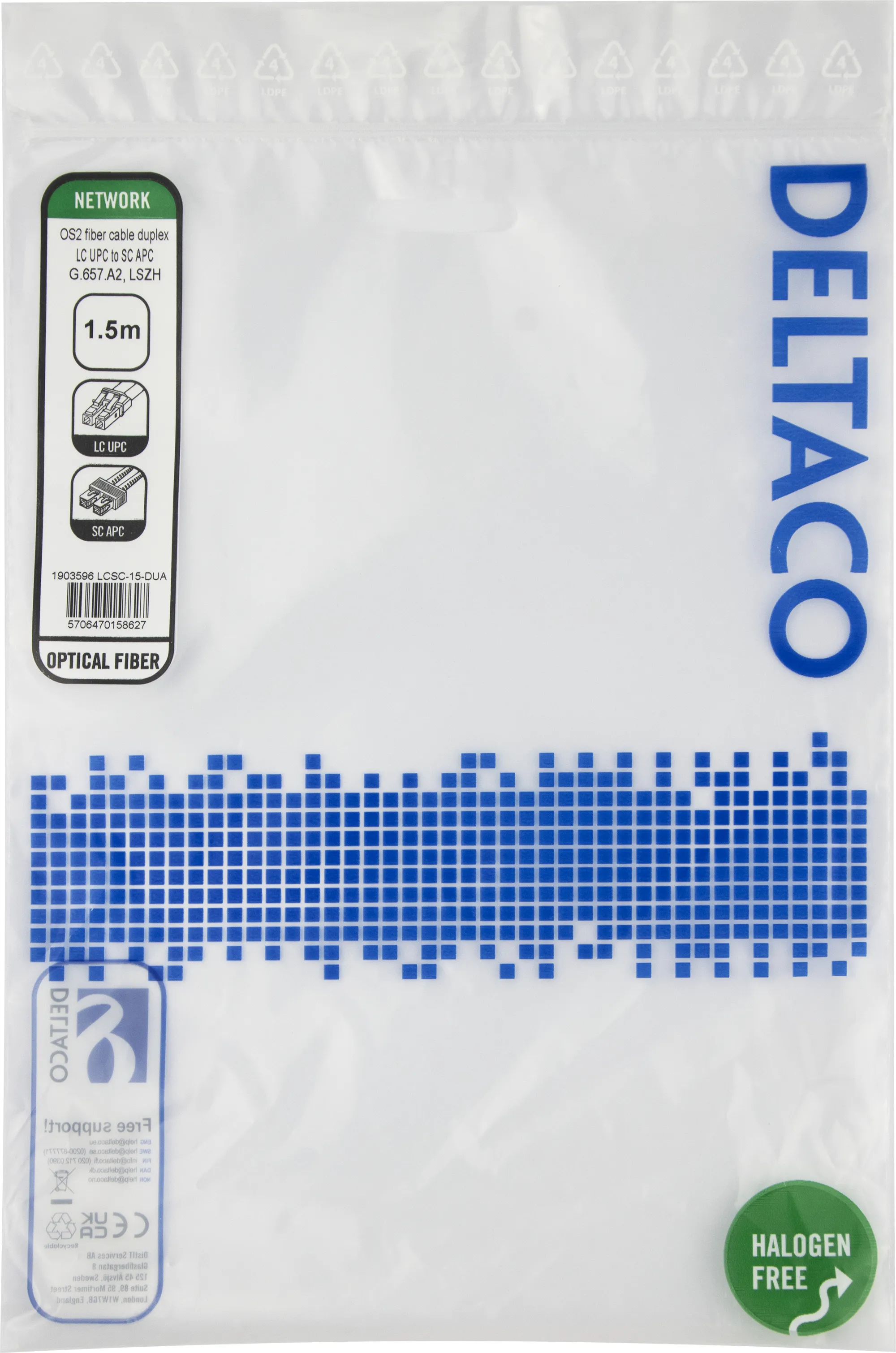 Deltaco OS2 LC-SC 1.5m Fiber Optic Cable, Yellow