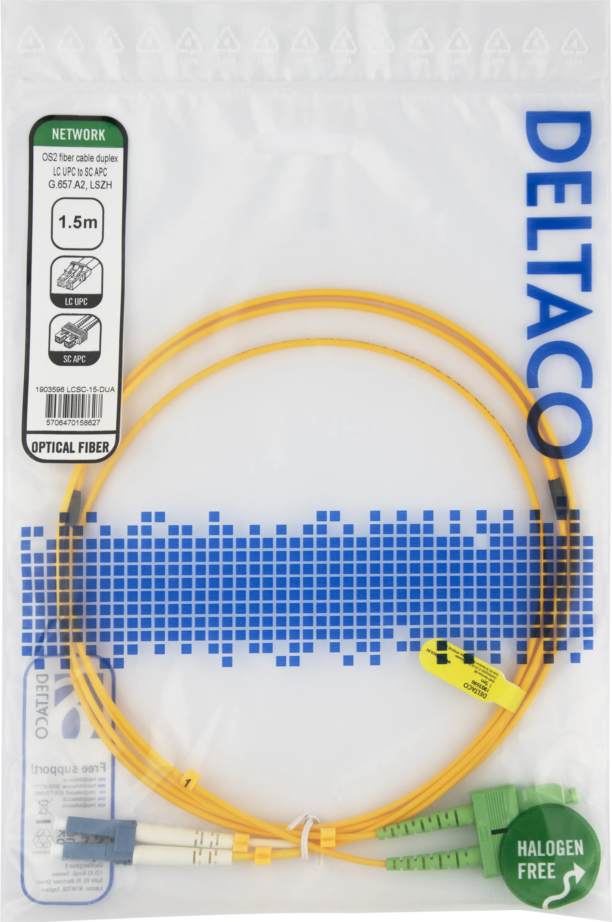 Deltaco OS2 LC-SC 1.5m Fiber Optic Cable, Yellow