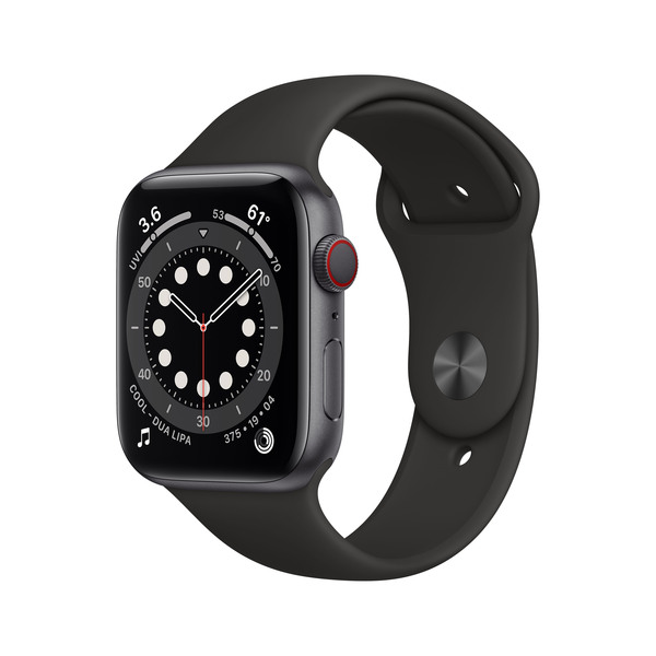 Apple Watch Series 6 GPS + Cellular, 44mm Space Grey Aluminium Case with Black Sport Band - Regular