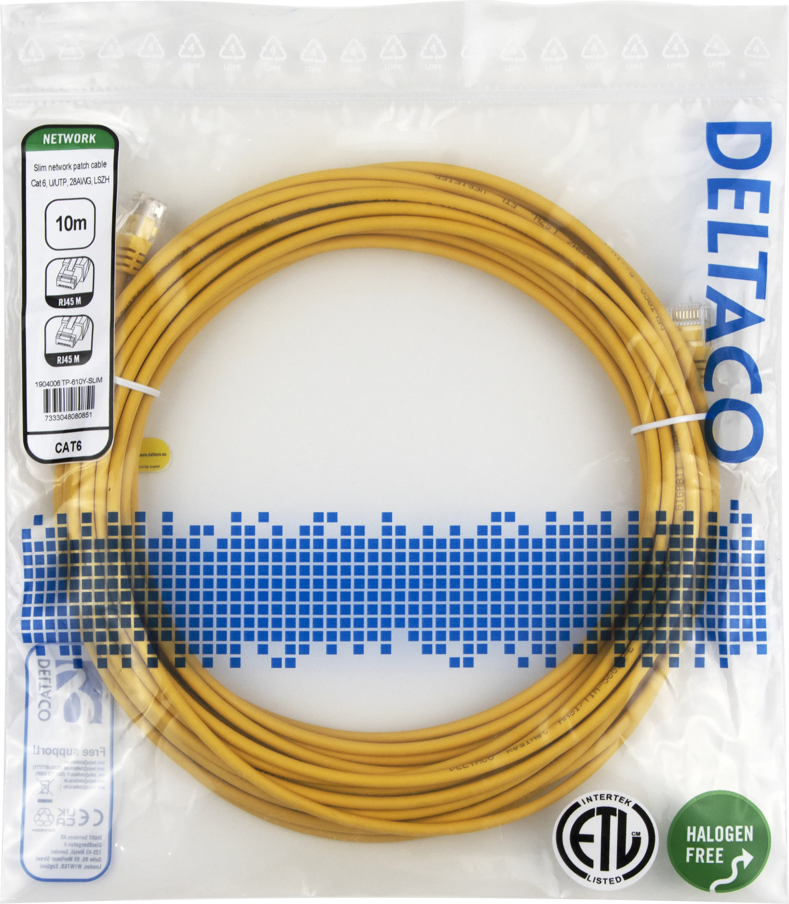 Deltaco Cat6 UTP RJ45 10m -verkkokaapeli, keltainen