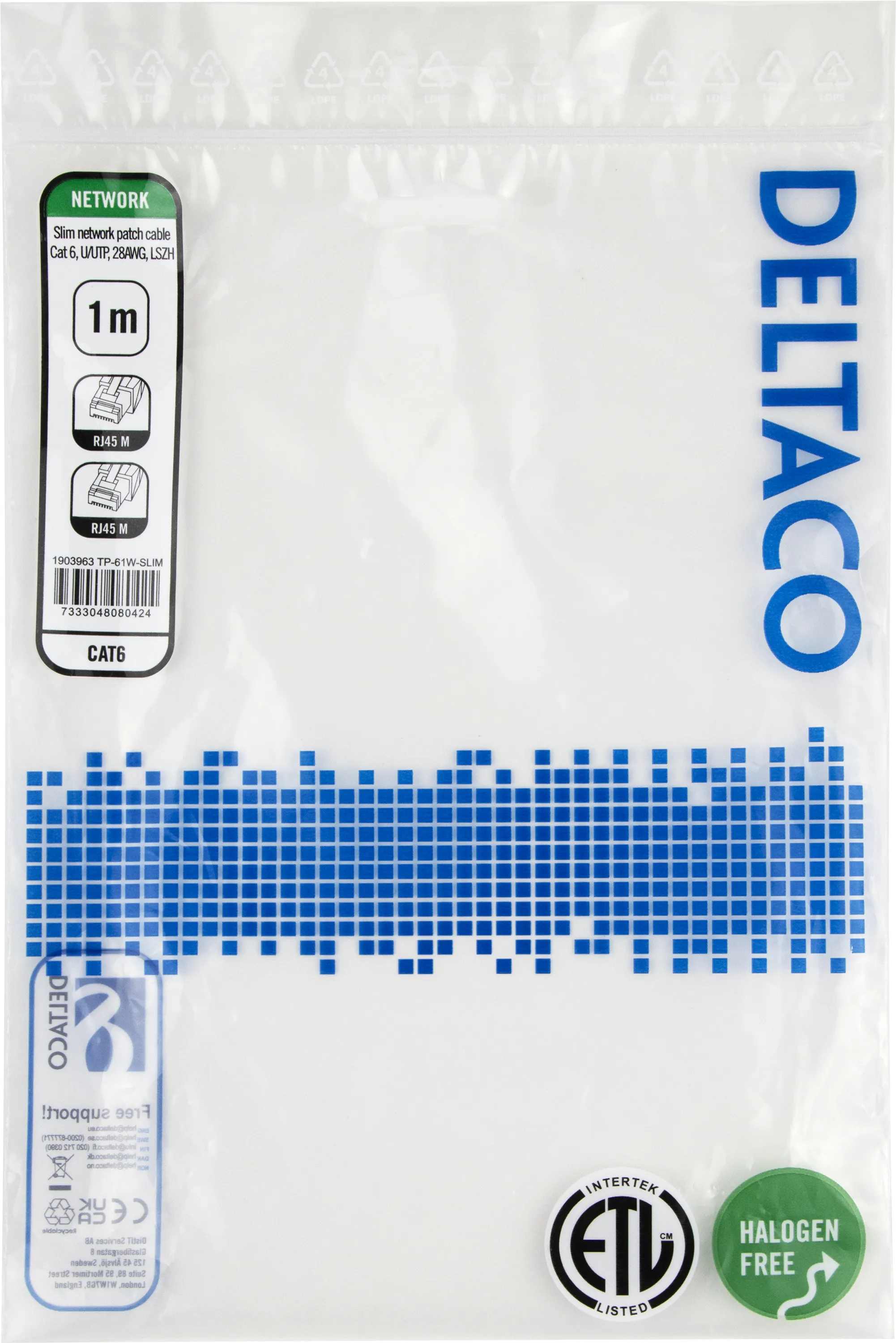 Deltaco Cat6 U/UTP RJ45 1m Network Cable, White