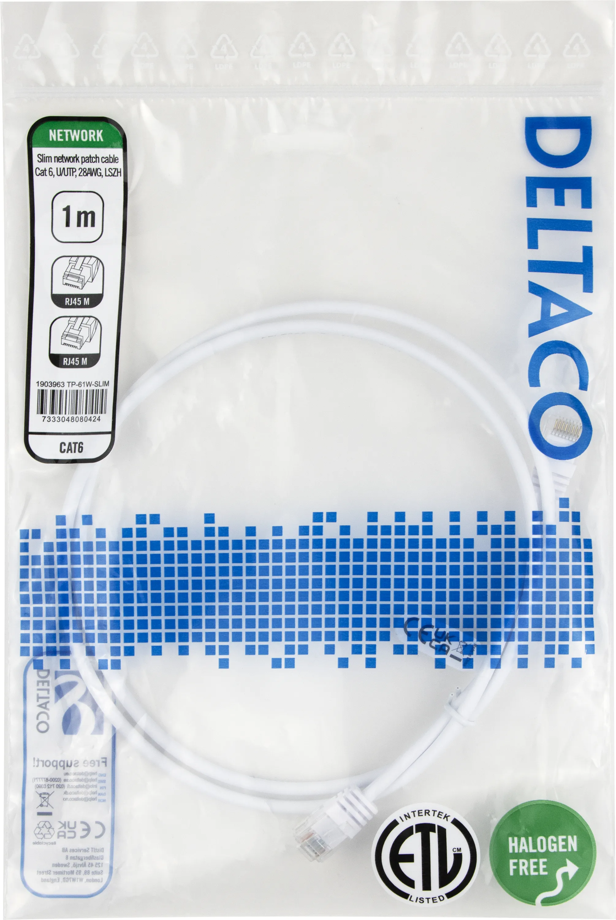 Deltaco Cat6 U/UTP RJ45 1m Network Cable, White