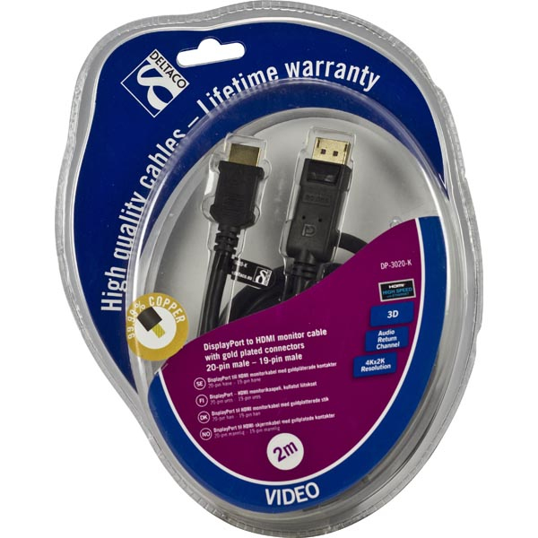 Deltaco DisplayPort &ndash; HDMI -kaapeli, 2 m, Musta
