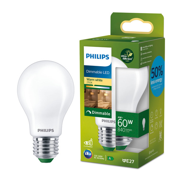 Philips LED E27 A60 4W (60W) 840lm 2700K Varmvit Klar Dimbar