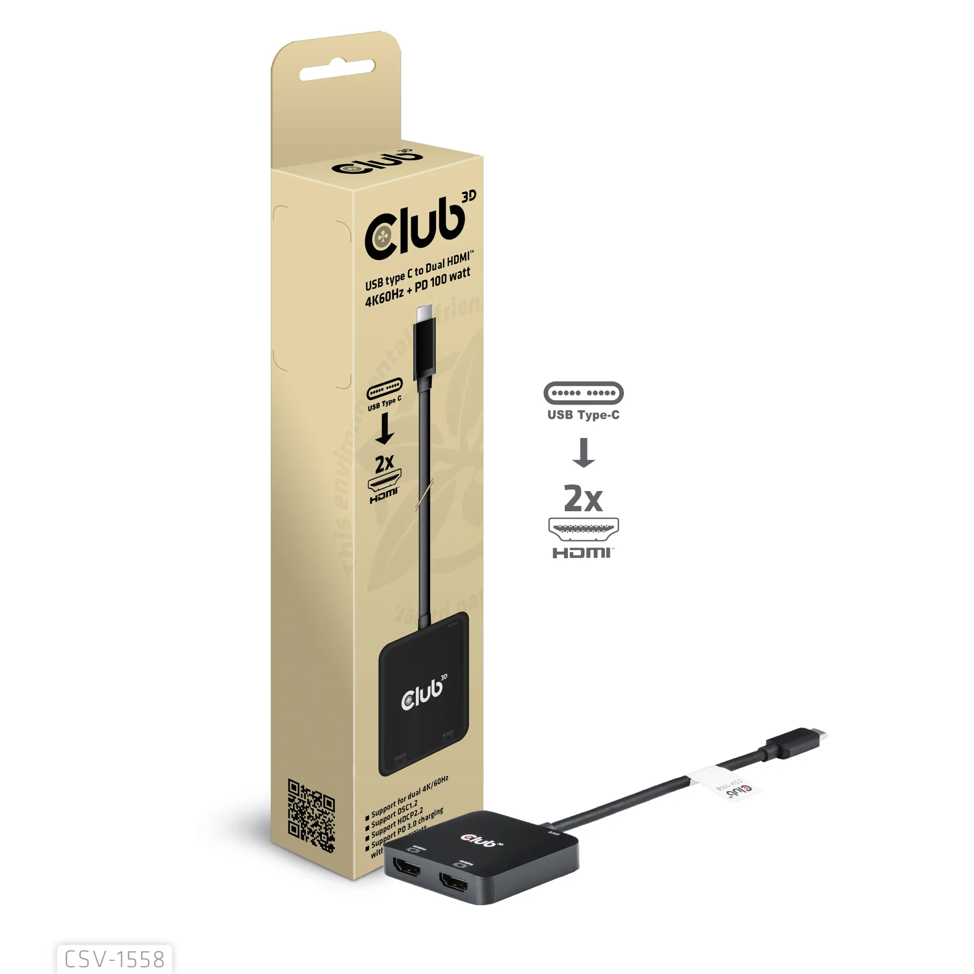 CLUB 3D USB-C to 2x HDMI Hub, 15 cm, Black