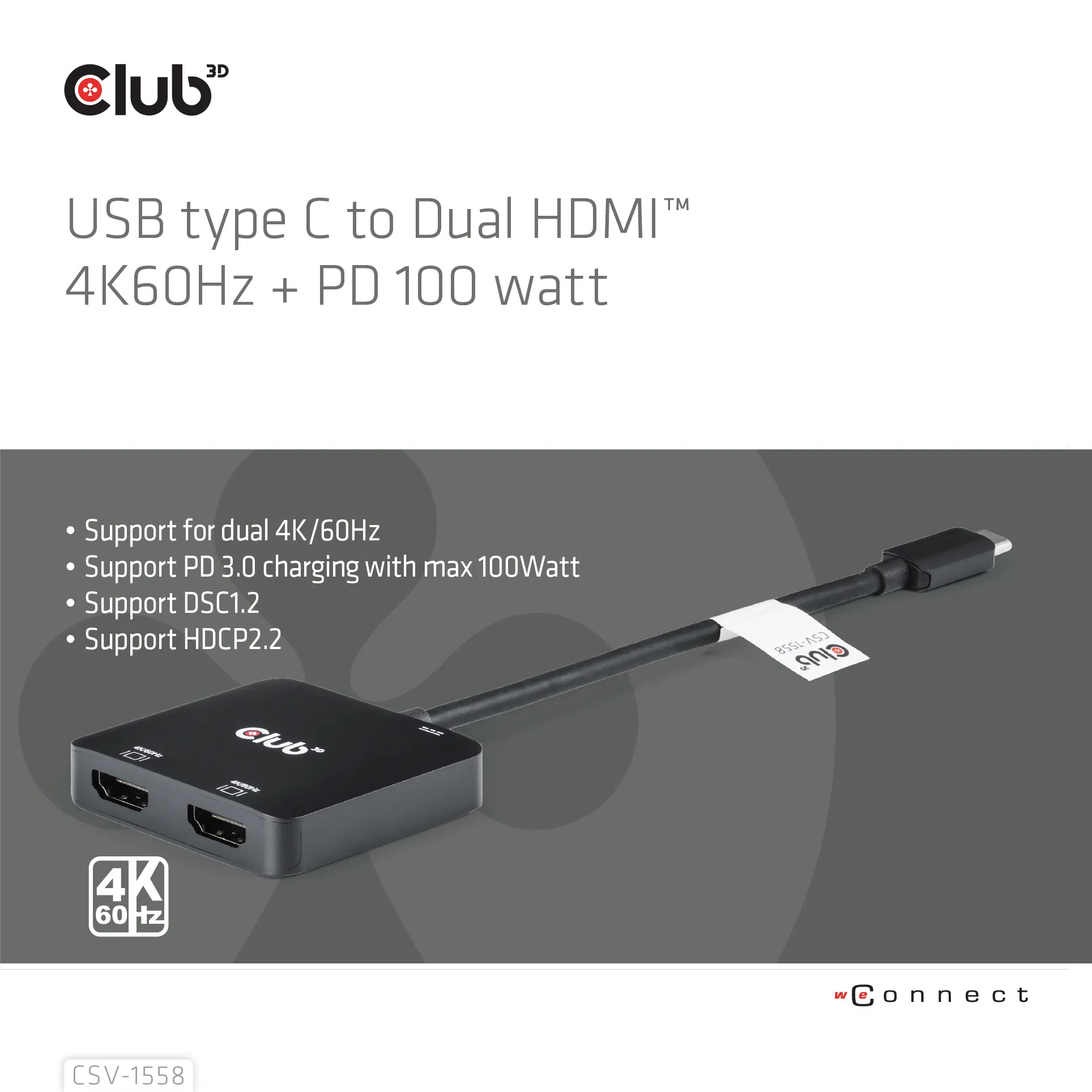 CLUB 3D USB-C to 2x HDMI Hub, 15 cm, Black
