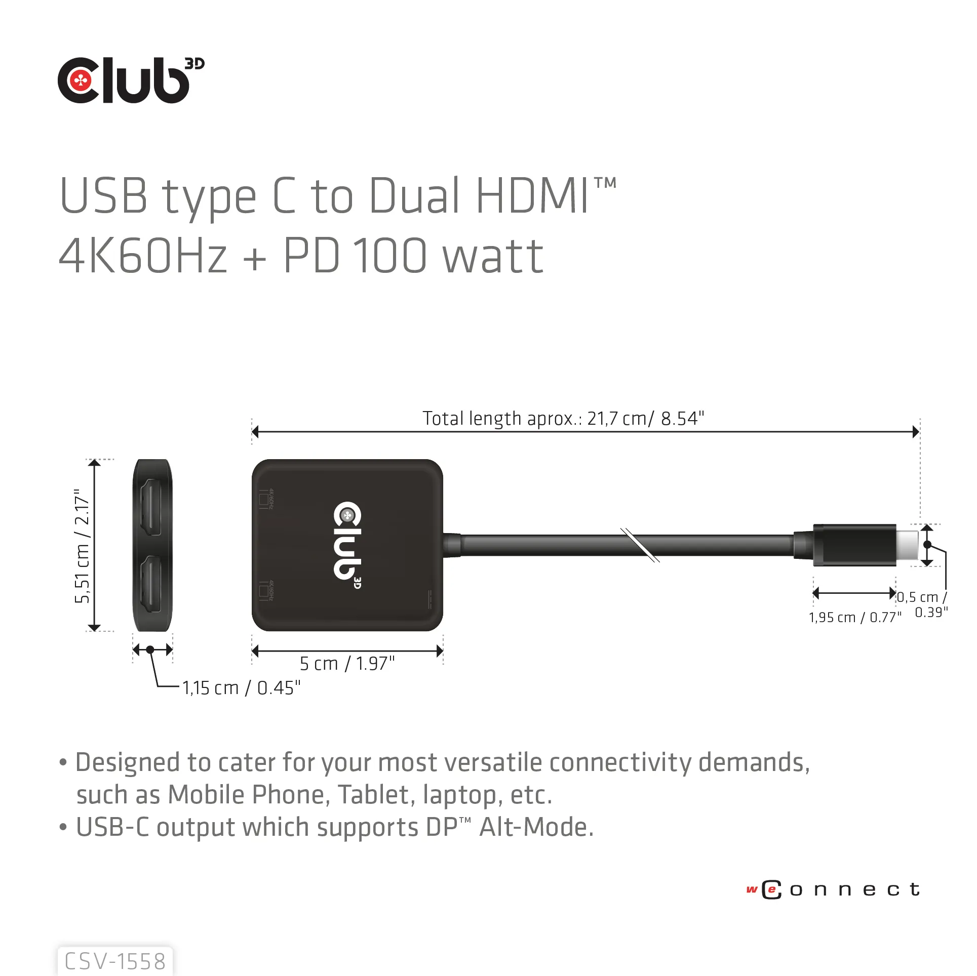 CLUB 3D USB-C to 2x HDMI Hub, 15 cm, Black