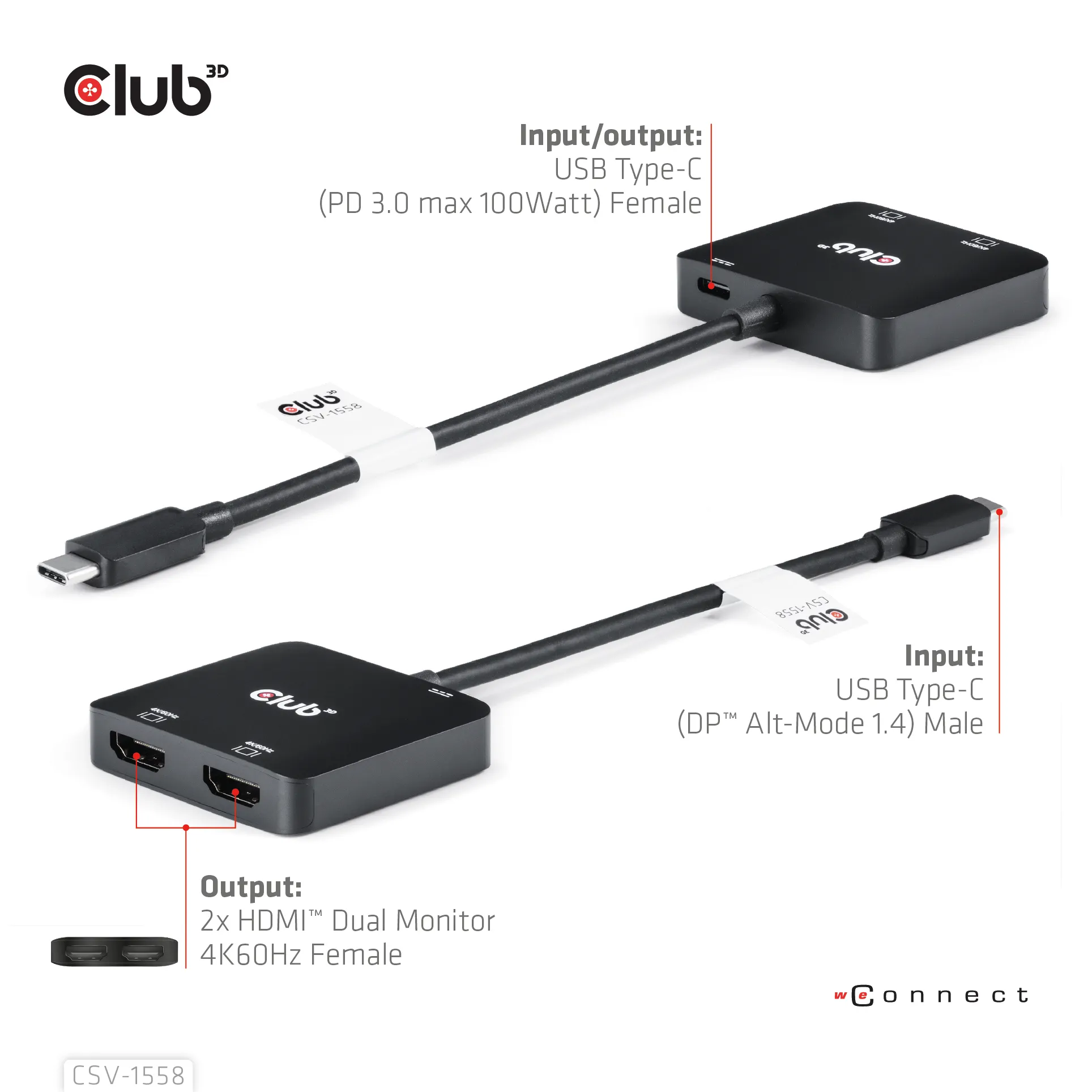 CLUB 3D USB-C to 2x HDMI Hub, 15 cm, Black