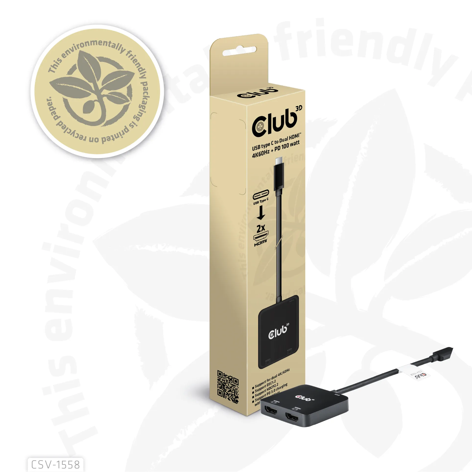 CLUB 3D USB-C to 2x HDMI Hub, 15 cm, Black
