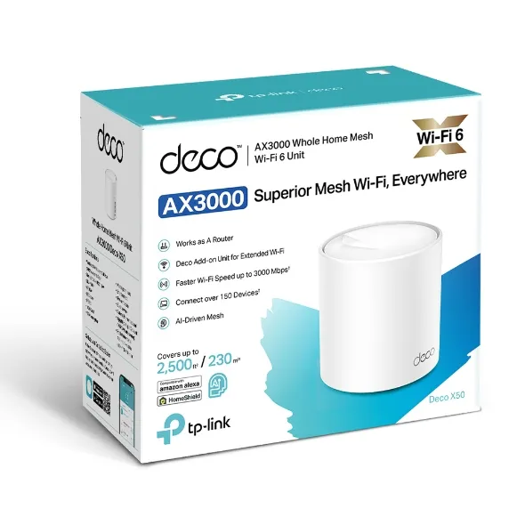 TP-LINK AX3000 Whole Home Mesh Wi-Fi 6 Unit 574Mbps at 2.4GHz + 2402Mbps at 5GHz 2xInternal Antennas 3xGigabit Ports WAN/LAN