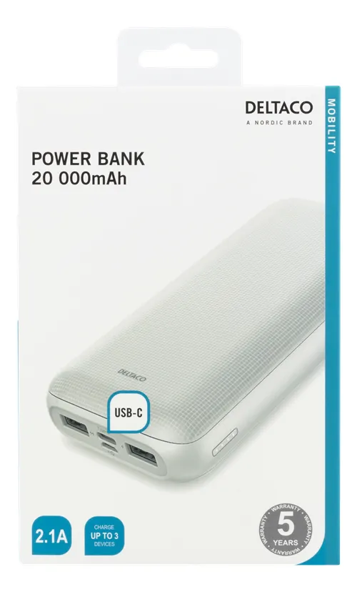 Deltaco 20000mAh, USB-C, 2x USB-A - Powerbank, White