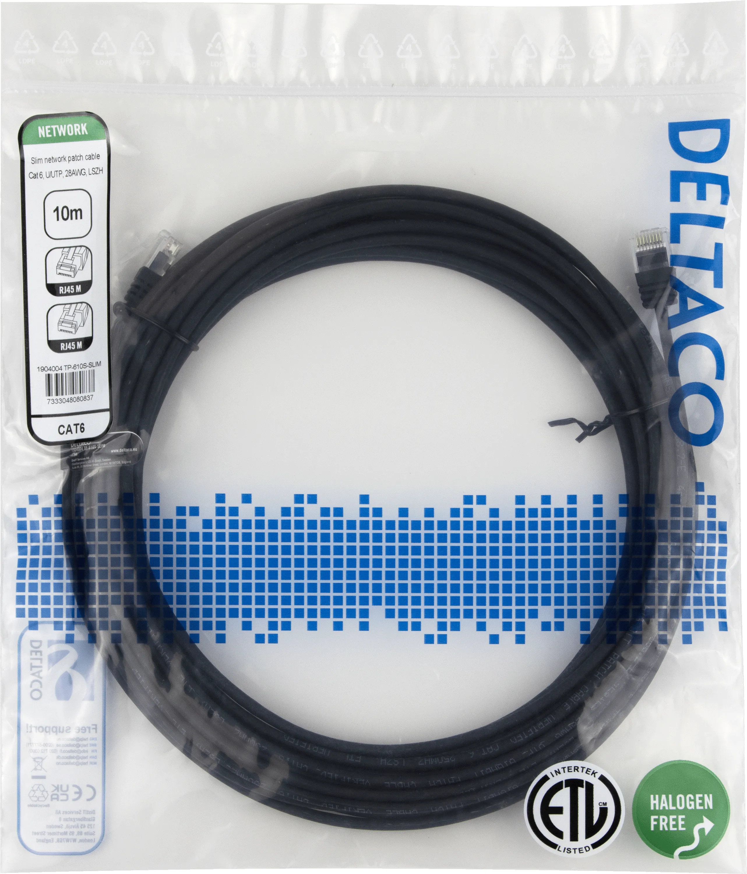 Deltaco Cat6 UTP RJ45 10m Network Cable, Black