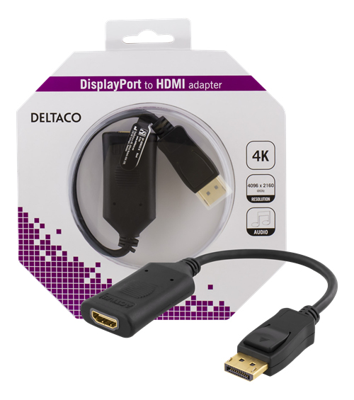 DELTACO DisplayPort - HDMI-sovitin, aktiivinen, 4K 60 Hz, musta