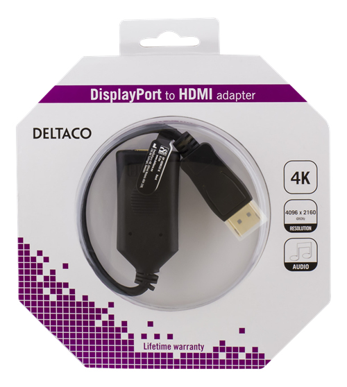 DELTACO DisplayPort - HDMI-sovitin, aktiivinen, 4K 60 Hz, musta