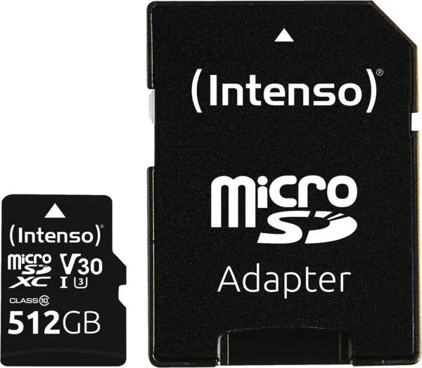 Intenso Pro 512 Gt MicroSDXC UHS-I U3 V30 A1 -muistikortti + SD-adapteri, musta