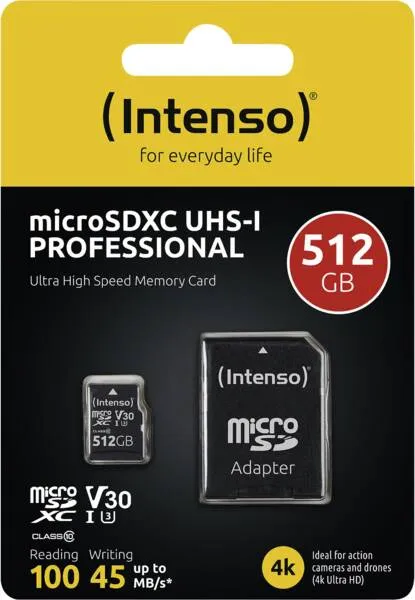 Intenso Pro 512 Gt MicroSDXC UHS-I U3 V30 A1 -muistikortti + SD-adapteri, musta
