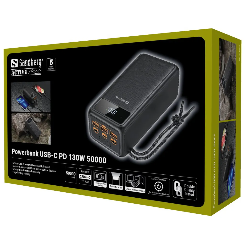 Sandberg USB-C PD 130W 50000mAh, 130W -varavirtal&auml;hde, Musta