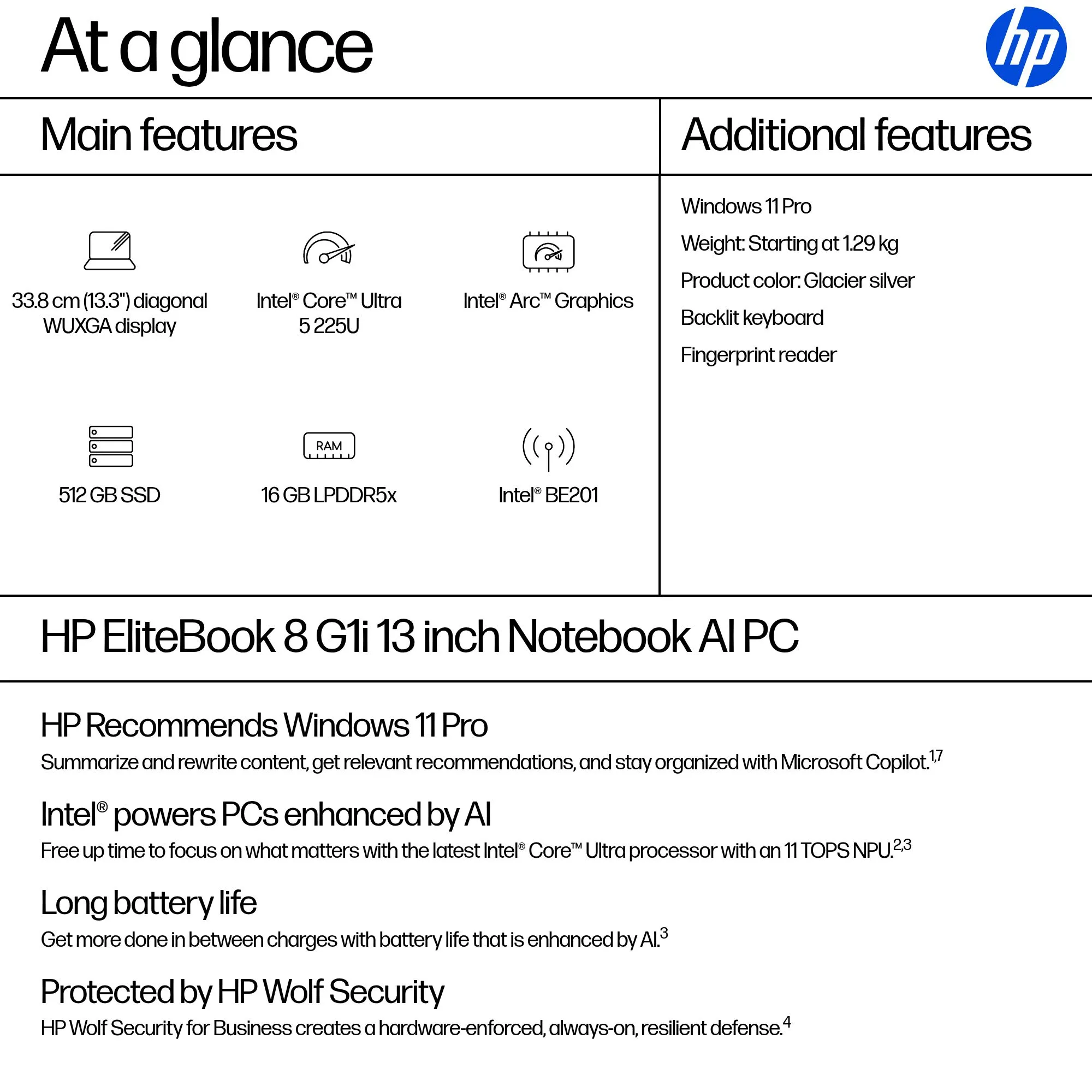 HP EliteBook 8 G1i 13.3" Ultra 5 225U, 16 Gt, 512 Gt, Arc Graphics, Win 11 Pro -kannettava, glacier silver
