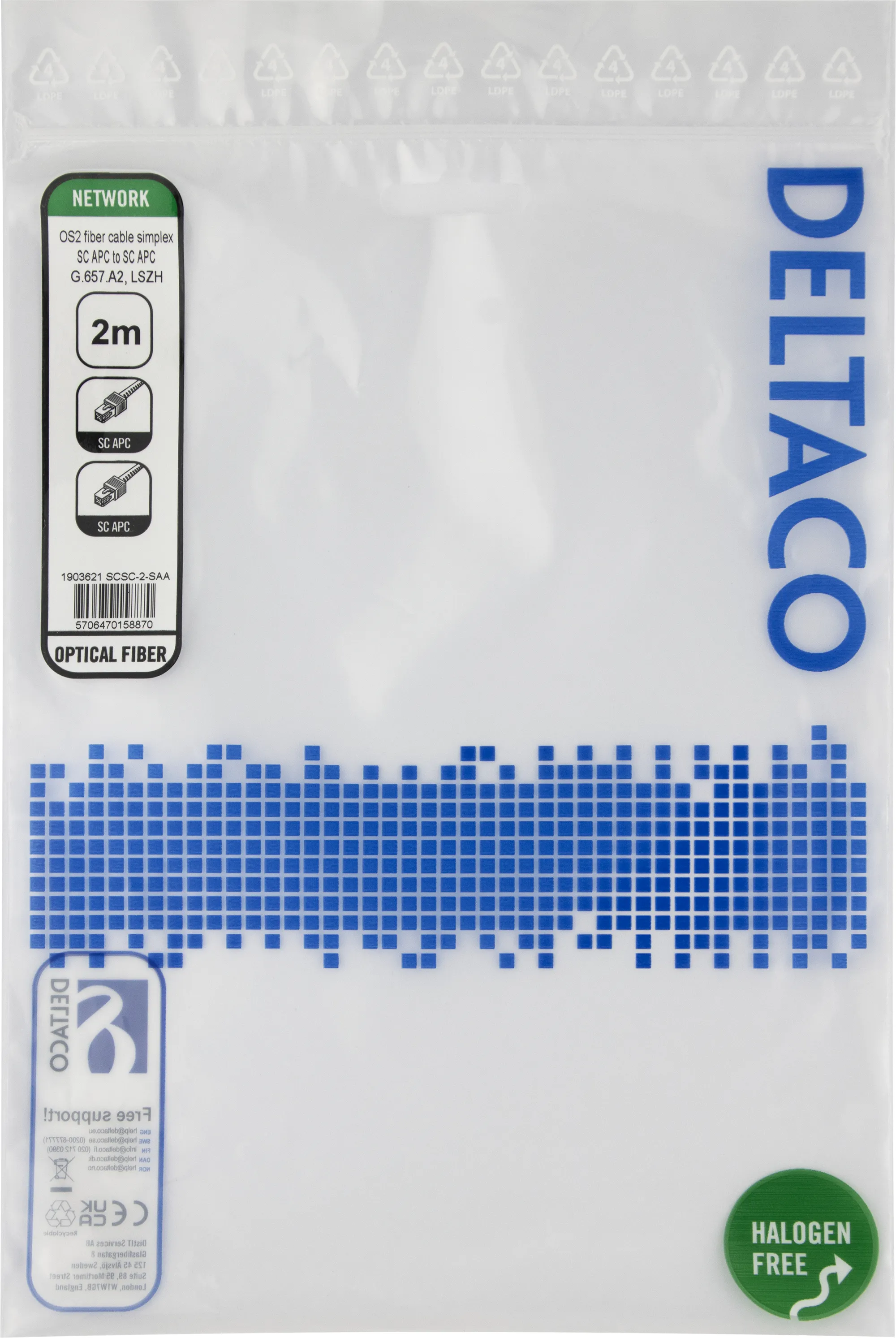 Deltaco OS2 LSZH SC-SC 2m Fiber Optic Cable, Yellow