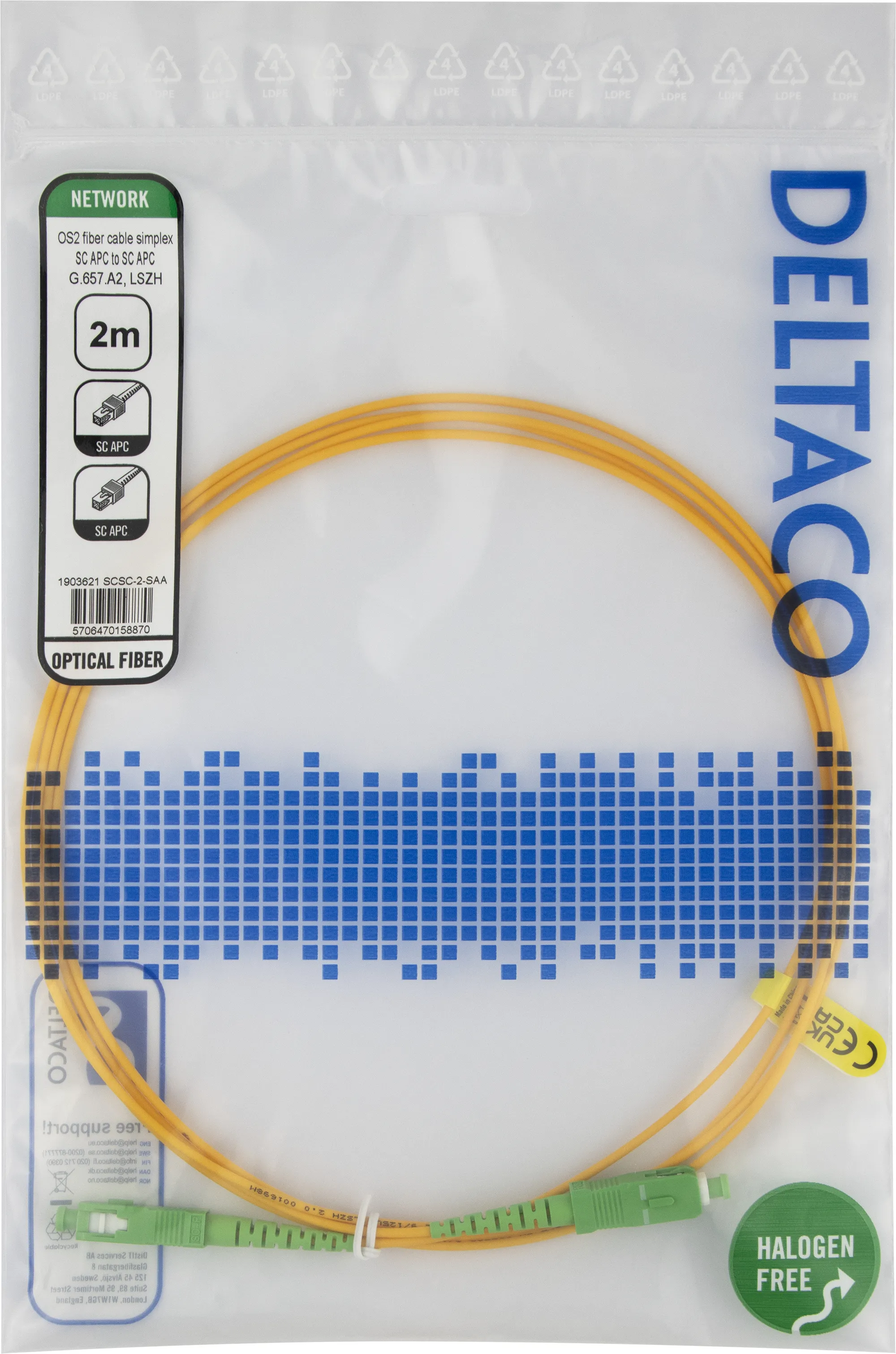 Deltaco OS2 LSZH SC-SC 2m Fiber Optic Cable, Yellow
