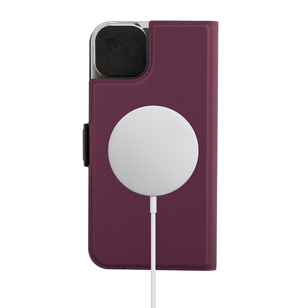 Wave Book Case smoky sangria suojakotelo Apple iPhone 15 Plus puhelimelle. MagSafe-yhteensopiva. Magneettisulkuinen kansi, korttipaikat RFID suojauksella ja l&auml;p