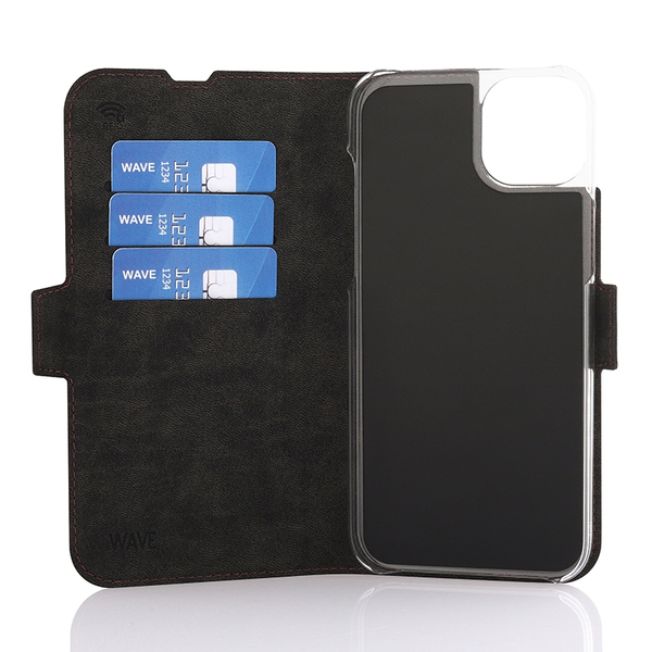 Wave Book Case smoky sangria suojakotelo Apple iPhone 15 Plus puhelimelle. MagSafe-yhteensopiva. Magneettisulkuinen kansi, korttipaikat RFID suojauksella ja l&auml;p