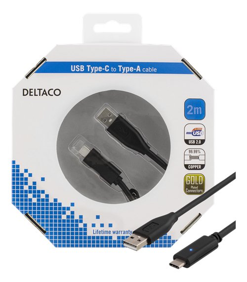 Deltaco PD USB-A &ndash; USB-C 2.0 -kaapeli, 2 m, Musta