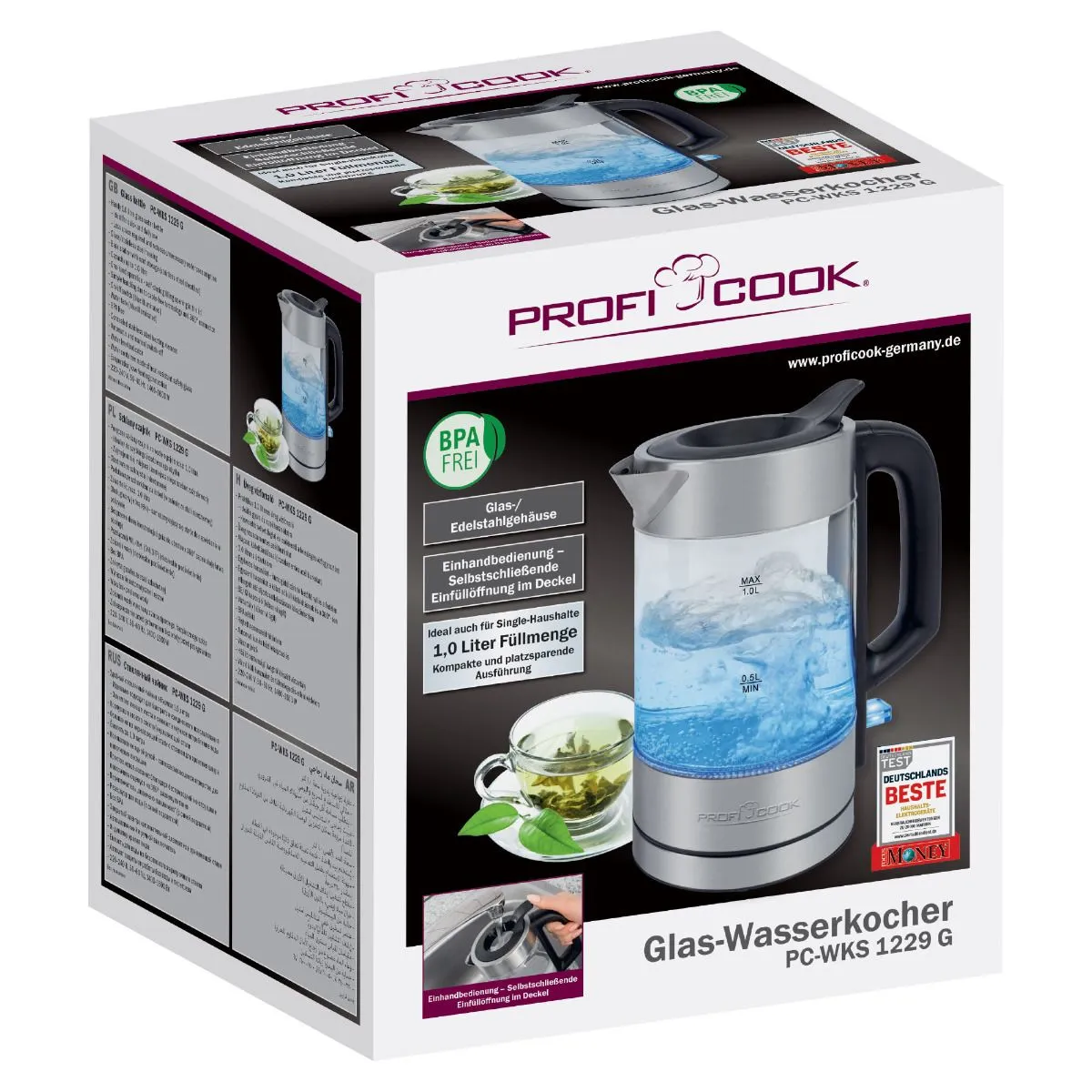 ProfiCook PC-WKS 1229 G vattenkokare, 1,0 l, 1600 W, rostfritt st&aring;l/genomskinlig