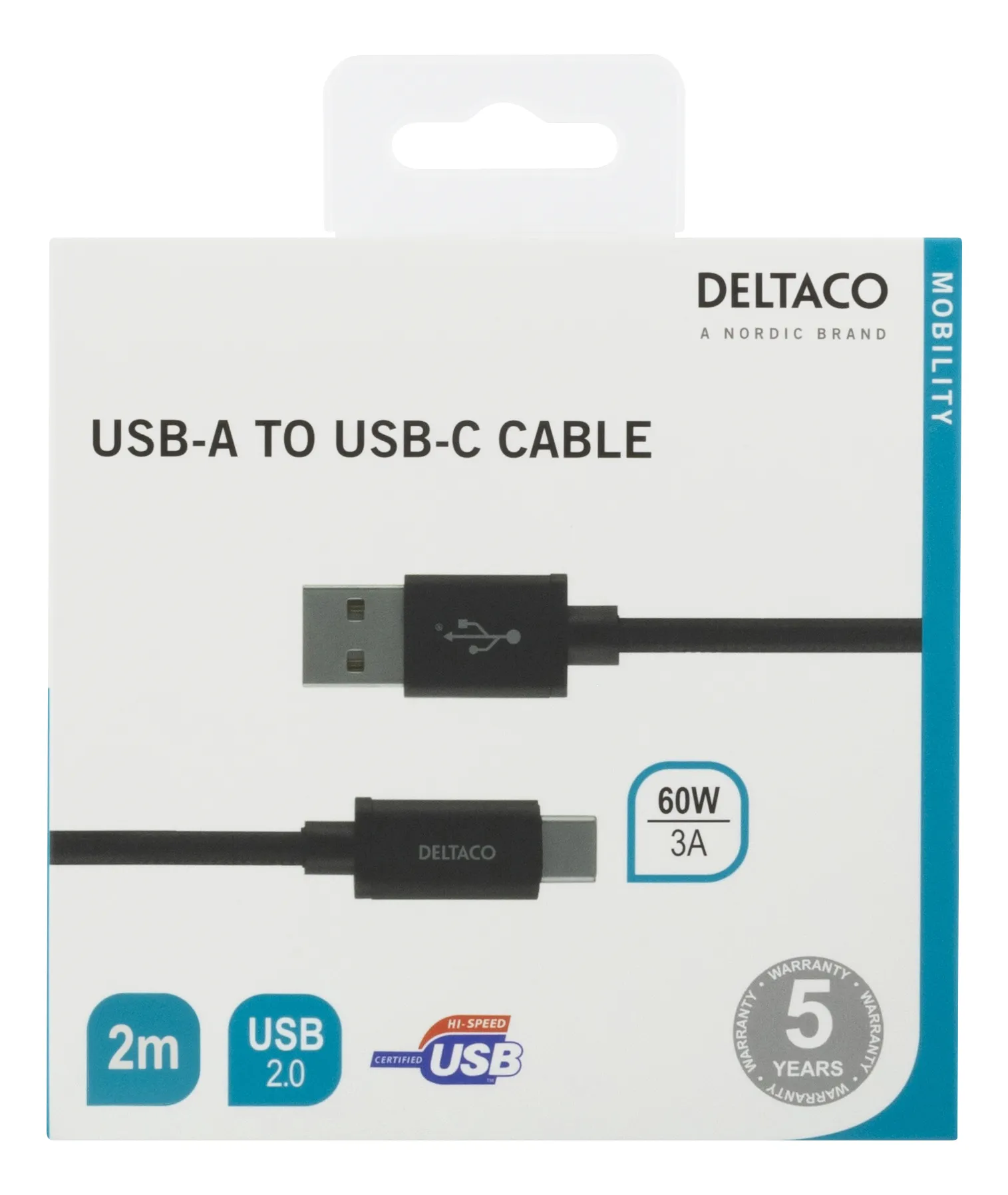 Deltaco Mobility USB-A – USB-C 2.0 - cable, 2 m, Black