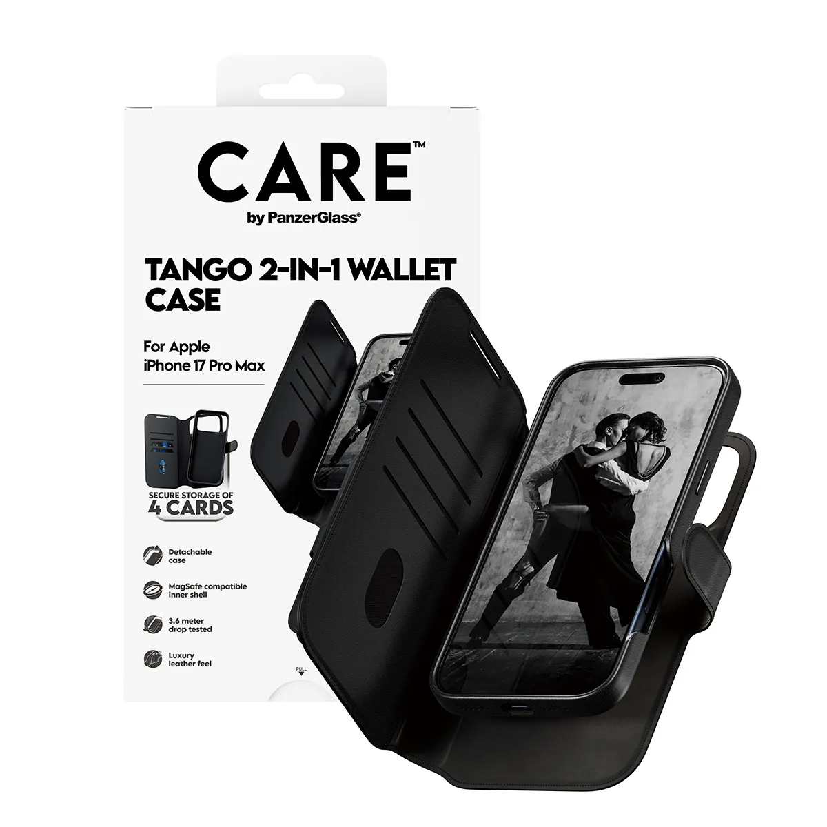 PanzerGlass CARE Tango MagSafe 2-in-1 pl&aring;nboksfodral f&ouml;r iPhone 17 Pro Max, svart