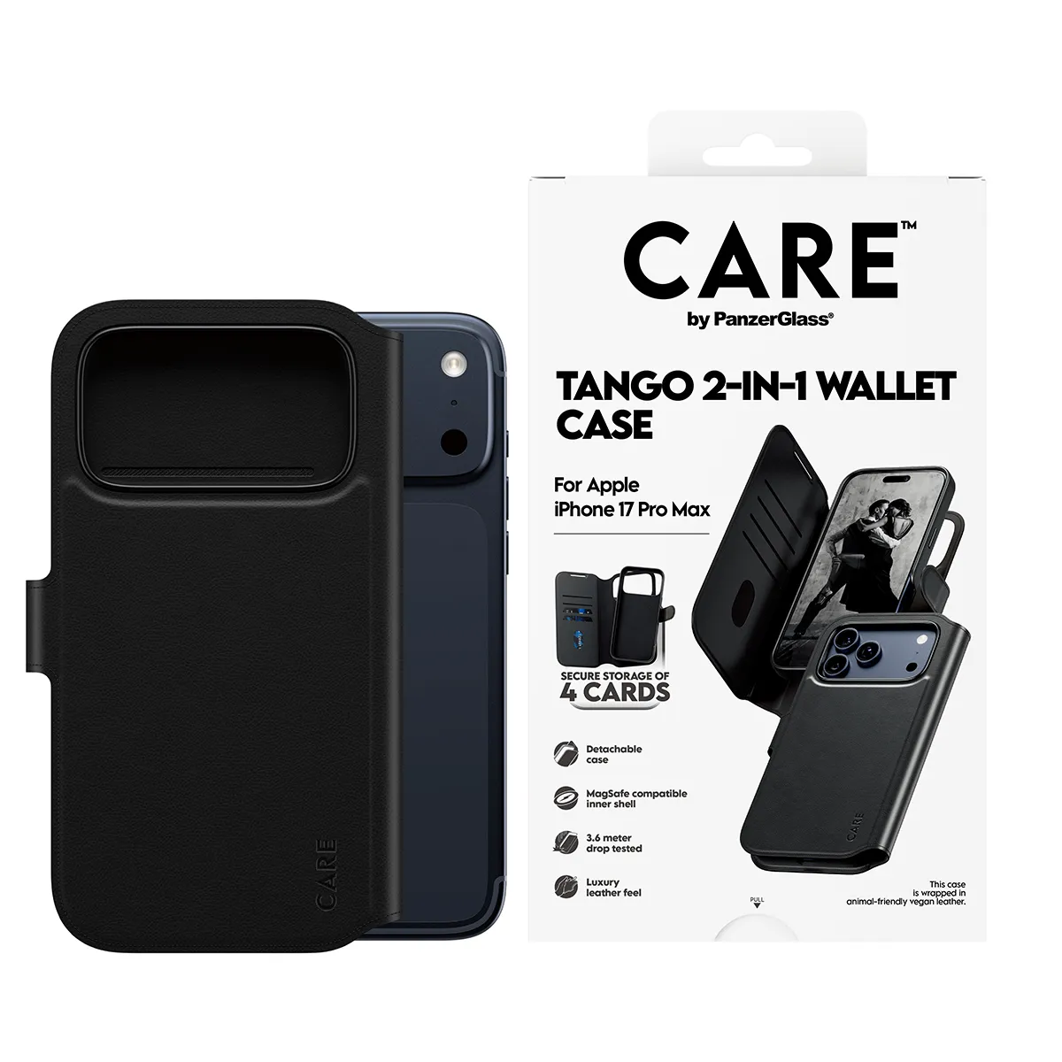 PanzerGlass CARE Tango MagSafe 2-in-1 pl&aring;nboksfodral f&ouml;r iPhone 17 Pro Max, svart