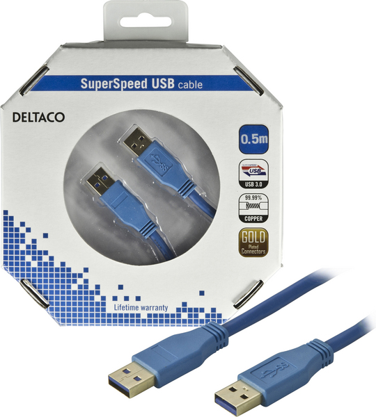 DELTACO USB 3.0 kaapeli Tyyppi A uros - Tyyppi A uros, 0,5m, sininen
