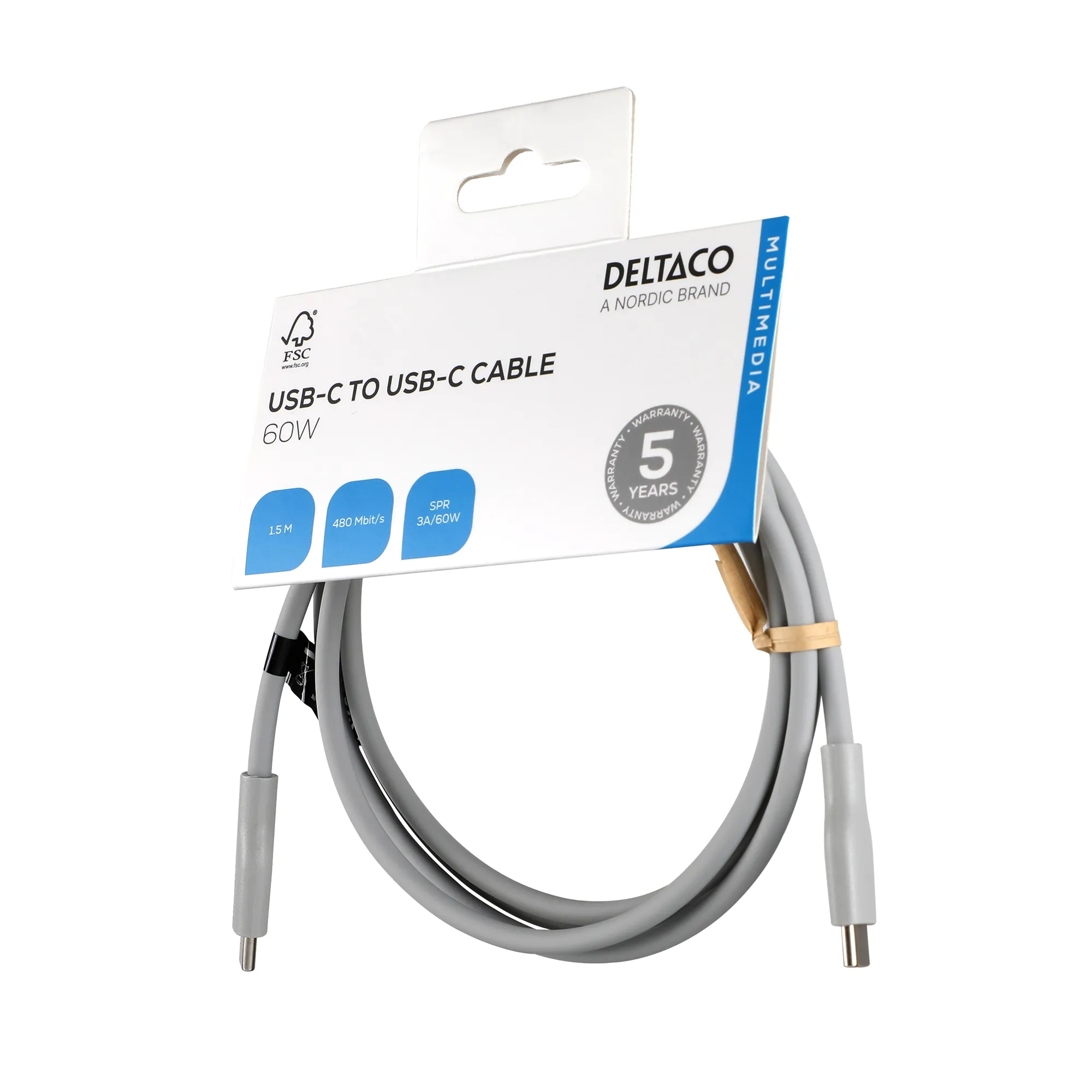 Deltaco USB-C - USB-C 2.0 SPR Silicone - cable, Grey, 1.5m Deltaco USB-C - USB-C 2.0 SPR Silicone - cable, Grey, 1.5m