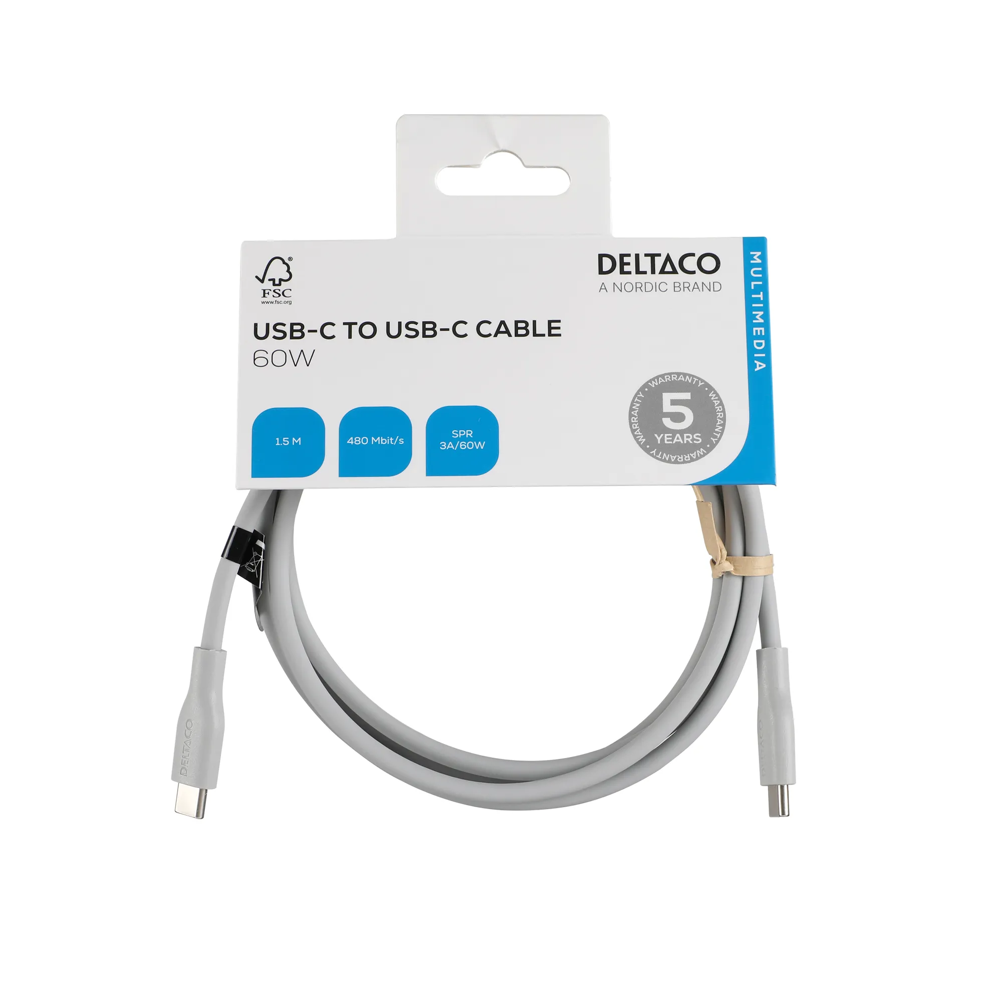 Deltaco USB-C - USB-C 2.0 SPR Silicone - cable, Grey, 1.5m Deltaco USB-C - USB-C 2.0 SPR Silicone - cable, Grey, 1.5m