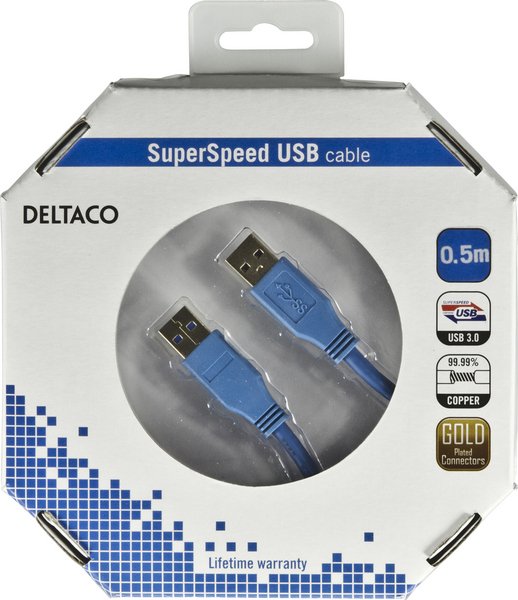 DELTACO USB 3.0 kaapeli Tyyppi A uros - Tyyppi A uros, 0,5m, sininen